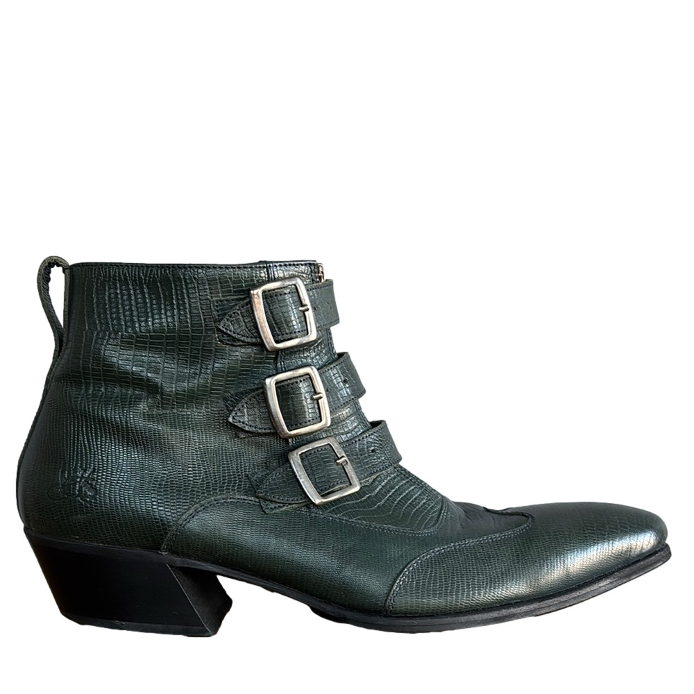 John Fluevog Green Leather “Jack” Triple Buckle Boots